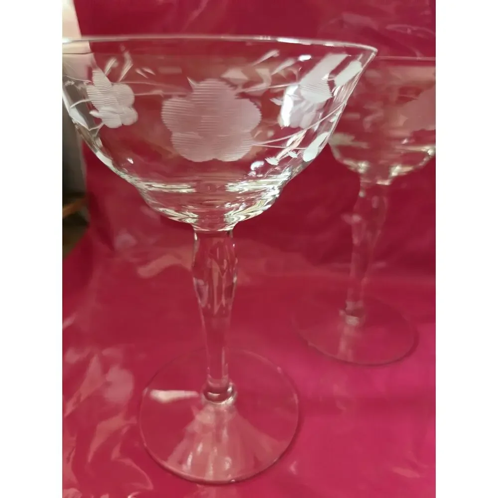 4 Libby Vintage Sherbert Glasses Clear Floral Etched Wine Glasses